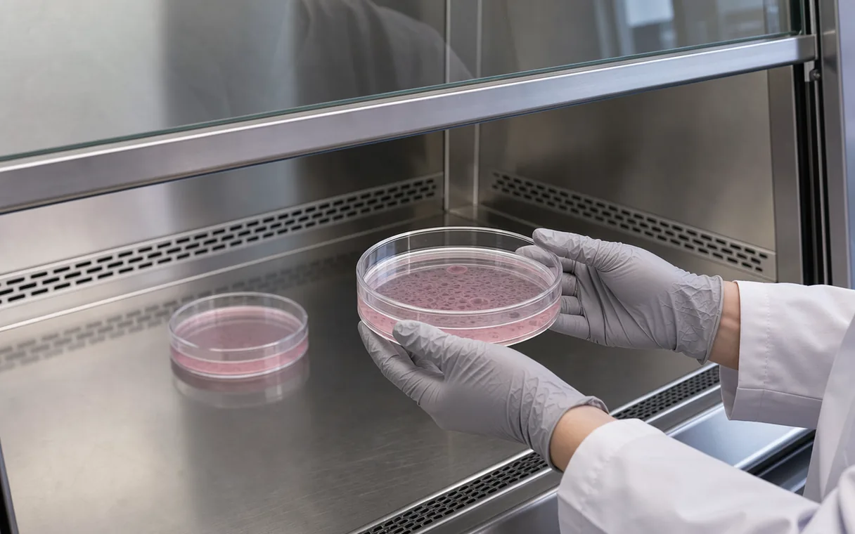 A technician placing a clear cell culture dish beneath a laboratory hood in pale daylight