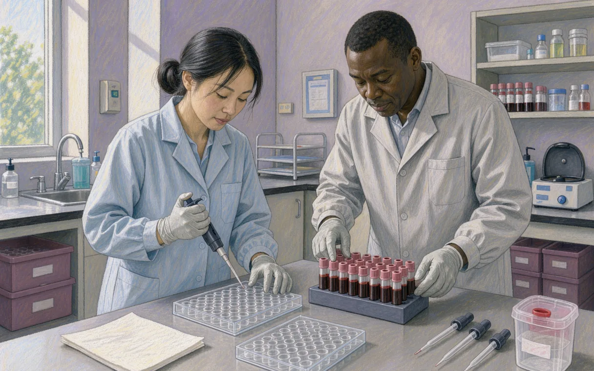 Two laboratory technicians processing an assay plate beside a sealed rack of blood sample tubes
