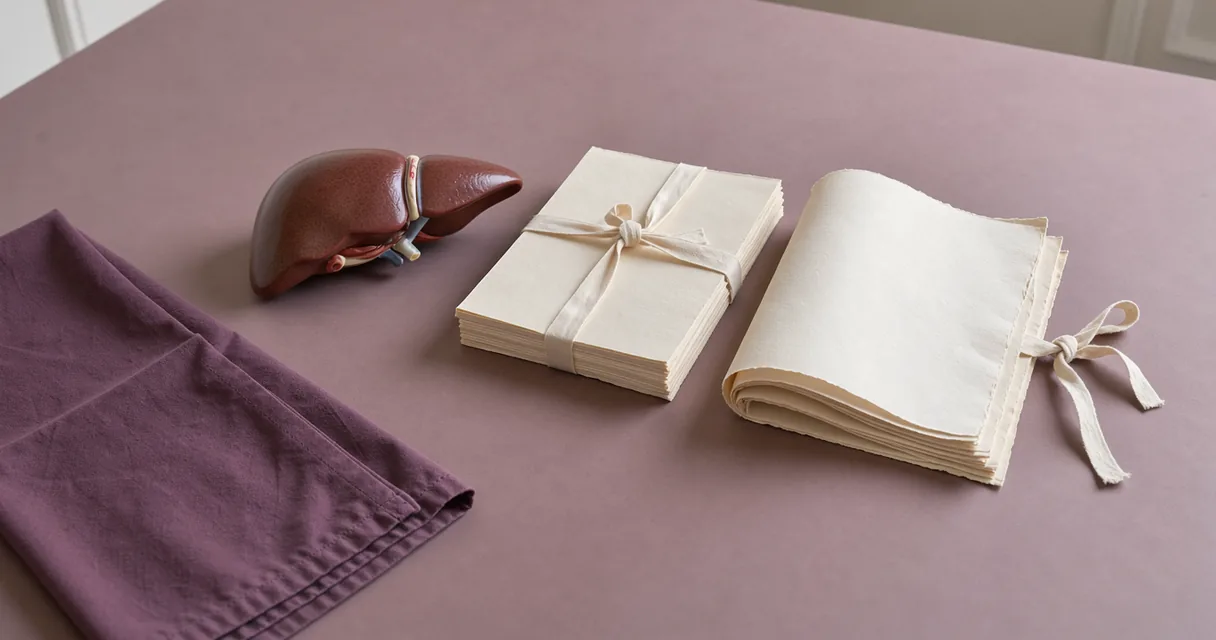 Editorial still life of a liver teaching model beside two paper bundles on a pale plum table