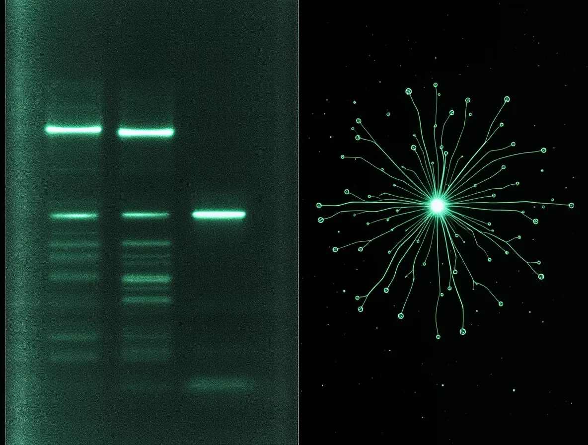 An abstract immunoblot of distinct resolved bands beside a dendritic cell with TLR receptor nodes signaling outward, in lab-green on obsidian
